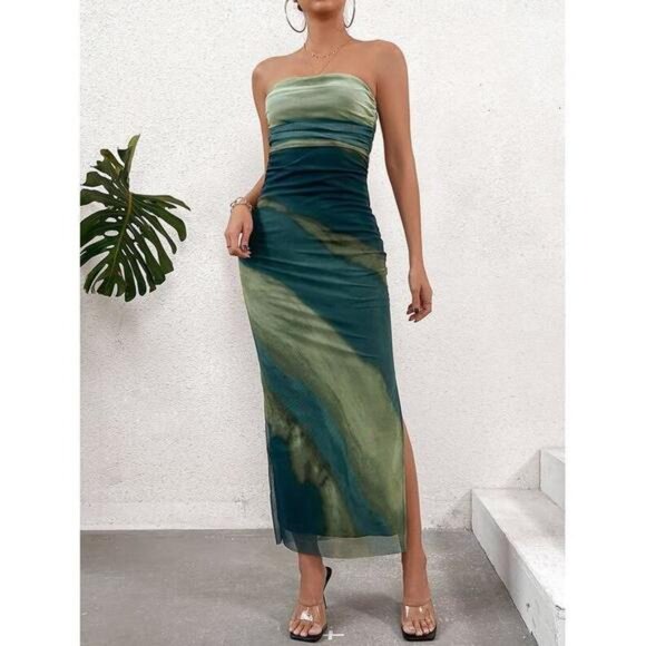 New Women's Gradient Mesh Halter Bodycon Dress With High Slit - Picture 6 of 6